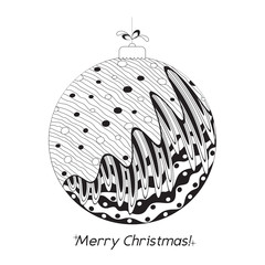 Greeting Christmas card  with Hand drawn ball with doodle decorative elements. Black and white pattern holiday greeting or invitation cards, print, wrapping paper, coloring book. Vector illustration.