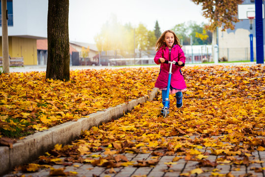 Girl in pink coat is riding scooter on maple leaves.