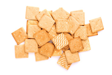 light breakfast, crackers lined up in two rows, isolated on white background