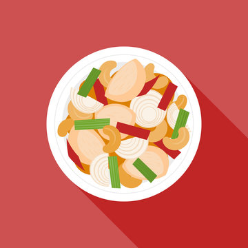 Chicken fried with cashew nuts, Thai cuisine, Malaysia cuisine, Chinese cuisine, flat design vector