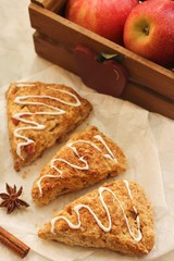 Apple Cinnamon scones with maple glaze, selective focus