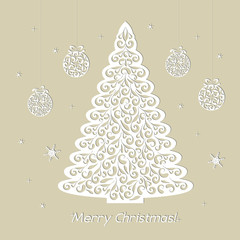 Christmas openwork white paper card. Stencil design with tree, balls, snowflake. Laser decoration template for greeting cards, invitations, interior decorative elements. Vector illustration.
