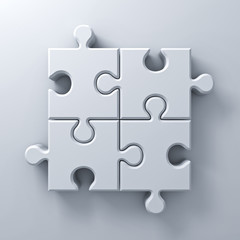White jigsaw puzzle pieces concept on white wall background with shadow 3D rendering