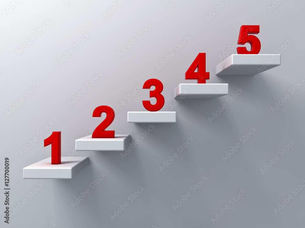 Fototapete Abstract stairs or steps concept on white wall background with red number from one to five 3D rendering