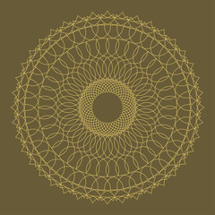 Abstract line border frame background with delicate golden lace contour doily isolated on green background. For invitations, promotional poster or greeting cards. Vector illustration eps