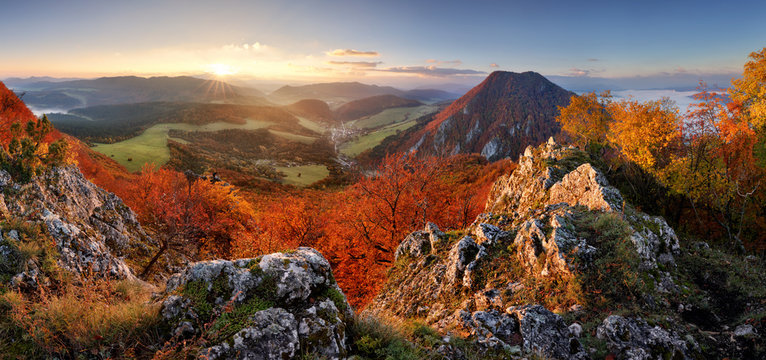 Slovakia forest autumn panorana landscape with mountain at sunri