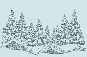 Fototapeta premium Vector sketch. Winter forest landscape with frozen river