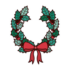 crown Christmas ornament with leaves and red ribbon vector illustration