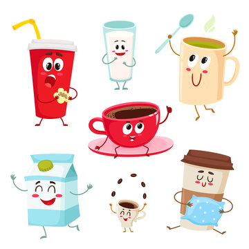 Set of funny milk, coffee, tea cup, glass, mug characters, cartoon style vector illustration isolated on white background. Cute mugs, glasses, cups with tea, coffee, milk, soda drinks