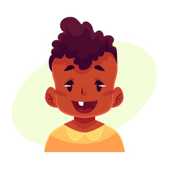 Little boy face, wow facial expression, cartoon vector illustrations isolated on yellow background. black male kid emoji face surprised, amazed, astonished. Surprised, wow face expression