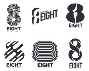 Set of black and white number eight logo templates, vector illustrations isolated on white background. Black and white graphic number eight logo templates - technical, organic, abstract - obrazy, fototapety, plakaty