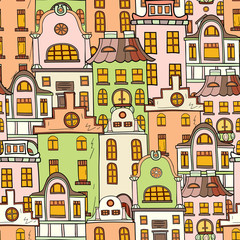 Seamless pattern of hand-drawn and colored houses.