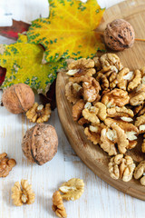 Walnuts and autumn leaves.