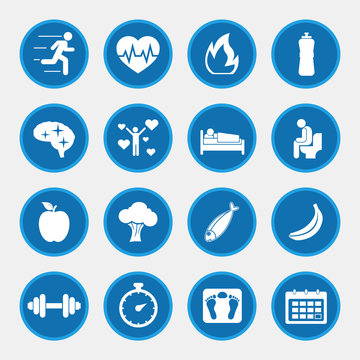 Healthy lifestyle concept, icons with blue button