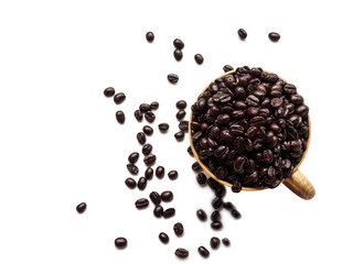 Top view roasted coffee beans in cup onwhite background