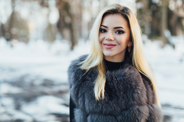 Portrait of a glamorous business woman in the winter street.