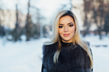 Portrait of a glamorous business woman in the winter street.