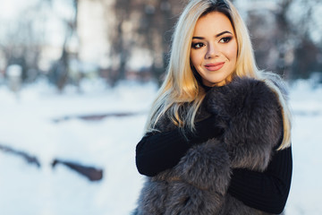 Portrait of a glamorous business woman in the winter street.