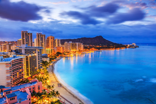 Honolulu, Hawaii. Skyline of Honolulu, Diamond Head volcano including the hotels and buildings on Waikiki Beach.