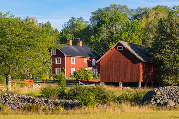 Fototapeta na wymiar Red wooden house and barn. Farmbuildings in the woodlands of Smaland, Sweden, in summer