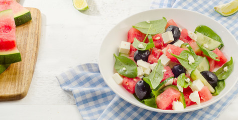 Watermelon salad with feta cheese. Healthy diet eating.