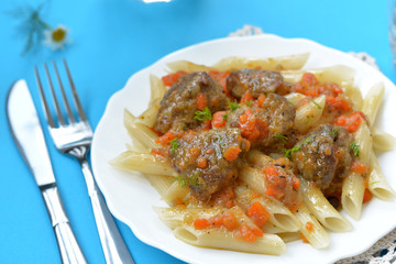 Pasta with stew pork meat, sauce decorated with carrot on white dish