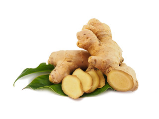 Ginger root slice with leaf and has a spicy taste on white backg