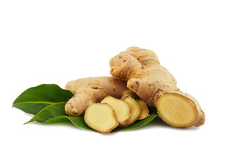 Ginger vegetable slice with leaf on white background