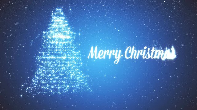 Snowy blue background with a rotating Christmas tree of shiny particles. Festive background with animated text Merry Christmas and Christmas tree. Winter background with falling snowflakes.
