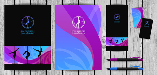 Vector Yellow and Pink Pole Dance and Aerial Sports School Corporate Identity and Stationery Templates Set. Document, Book