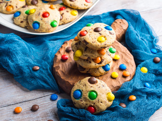 Home made chocolate chip cookies with candies - obrazy, fototapety, plakaty