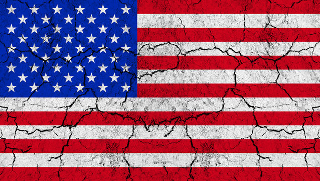 Flag of United States of America on rugged wall full of scratches - metaphor of problem and crisis leading to collapse of country