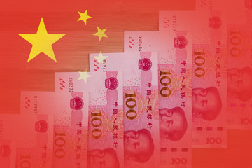 Chinese flag with 100 RMB notes positioned as rising stairs. Sym
