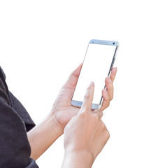 Hand holding and Touch mobile smartphone isolated on white back