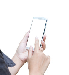 Hand holding and Touch mobile smartphone isolated on white back