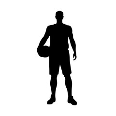 Basketball player standing and holding ball, vector silhouette