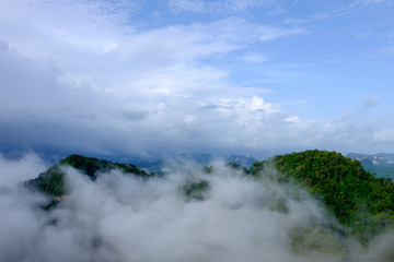 Mountain landscape with fog in morning. Krabi Province, Thailand