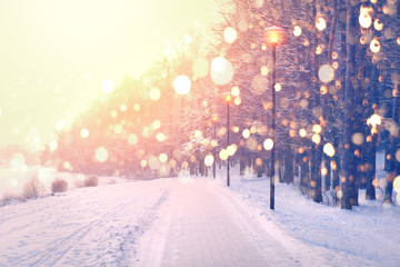 Farbschneeflocken auf Winterparkhintergrund. Schneefall im Park.