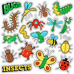 Bugs and Insects Patches, Stickers, Badges Set for Prints and Textile. Vector Doodle in Comic Style