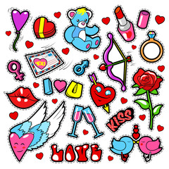 Fashion Love Badges Set with Patches, Stickers, Lips, Hearts, Kiss, Lipstick in Pop Art Comic Style. Vector illustration