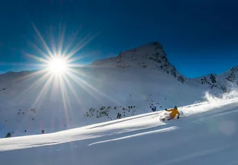 Fotobehang Girl telemark skiing snow slope in mountains © michelangeloop