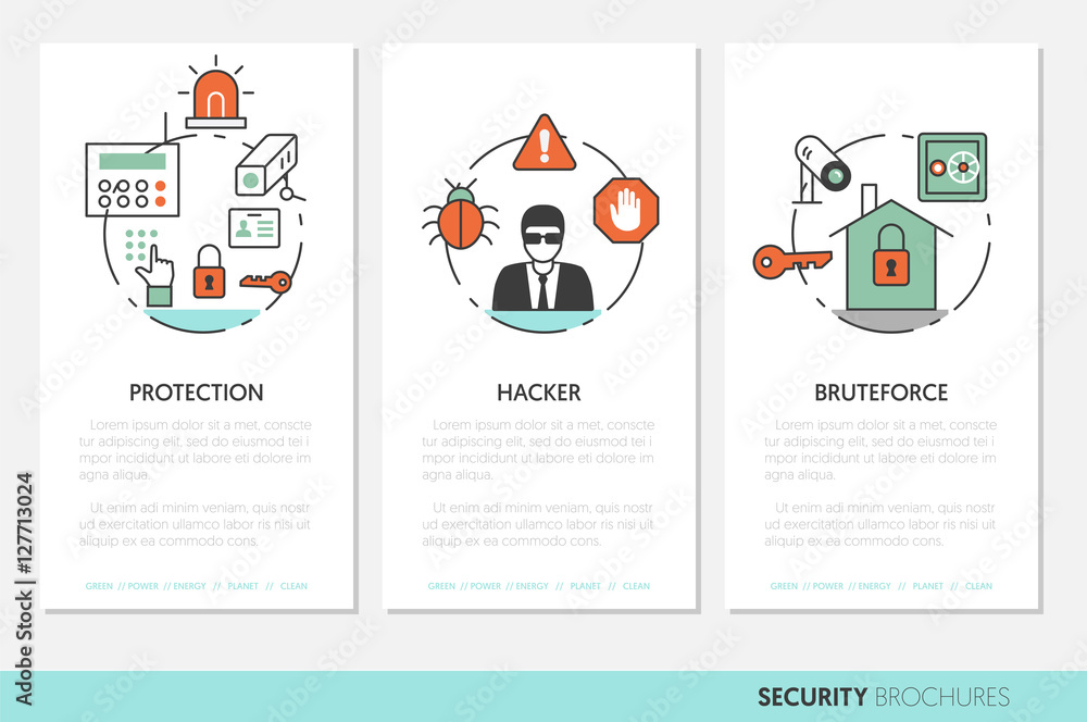 Poster security and safety business brochures template in thin line style with shield and safe. vector illu