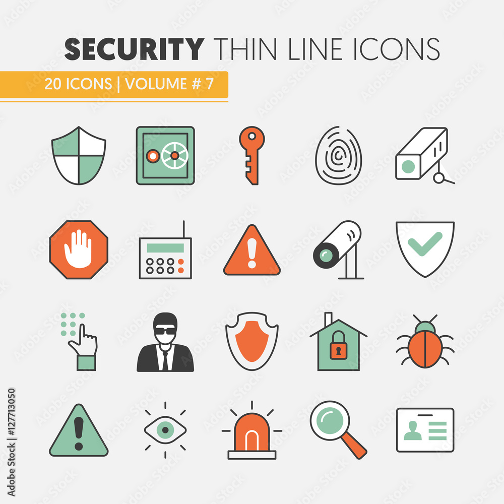 Poster security and safety thin line vector icons set with shield and safe