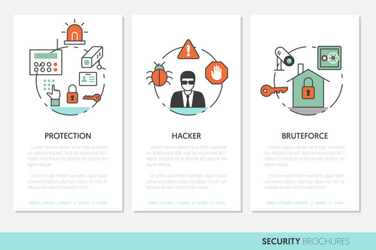 Security and Safety Business Brochures Template in Thin Line Style with Shield and Safe. Vector illustration