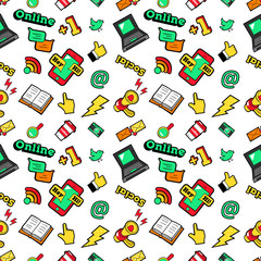 Social Networks Seamless Vector Background with Laptop Megaphone and Wireless Technology