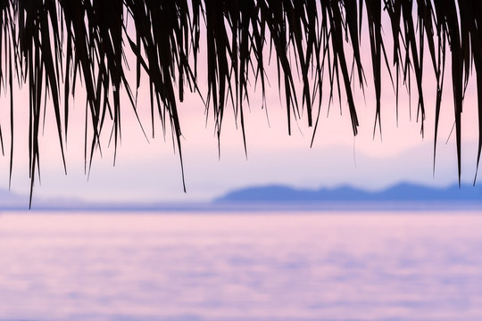 Thatch roof with beach and mountain at sunrise background.