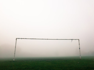 KIRKBY IN ASHFIELD, ENGLAND - OCTOBER 31: Soccer pitch goal posts in the fog, England. In Kirkby In Ashfield, Nottinghamshire, England. On 31st October 2016. © jasonbatterham
