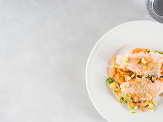Steamed salmon for diet lunch. Top view