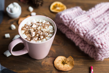 Obraz na płótnie Canvas winter still life: hat, gloves, hot chocolate with marshmallows
