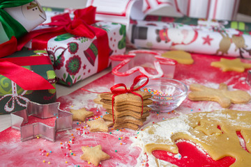 christmas presents with homemade gingerbread cookies. Christmas bustle concept